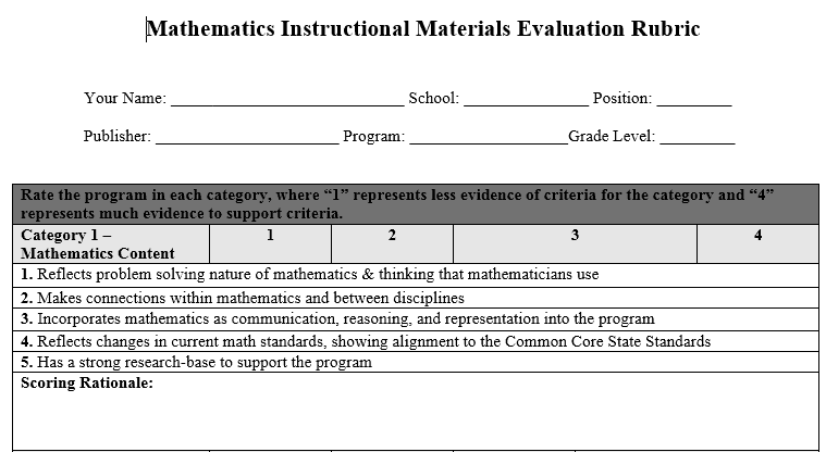 One category for evaluation of instructional materials