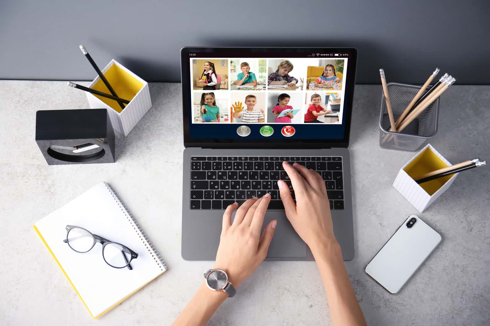 Teacher giving online school lesson via video conference